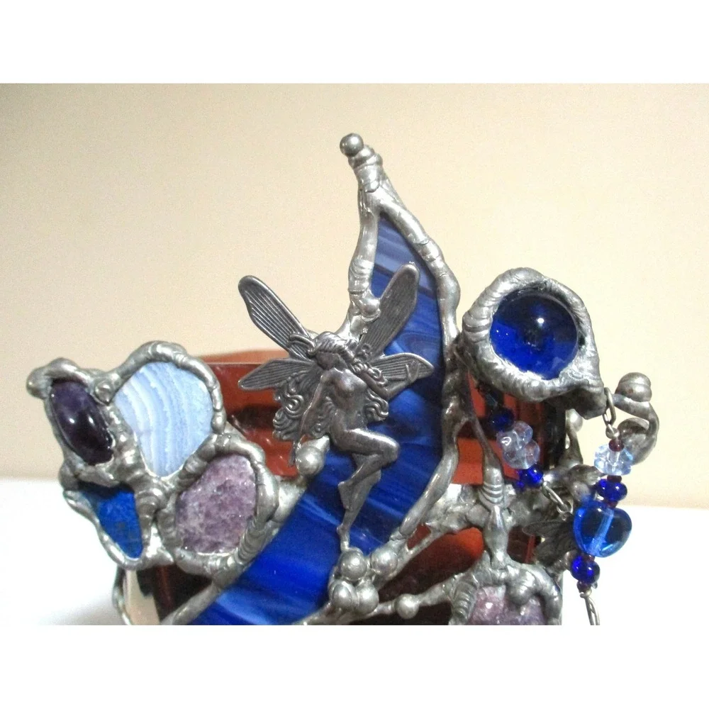 Art Glass Fairy Votive Holder Pewter Metal Moon Amethyst Hummingbird Whimsical